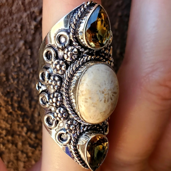 New Fossil Coral & Smoky Topaz 925 Silver Ring. - Picture 5 of 16